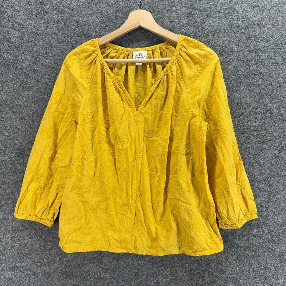 St. John's Bay Blouse Women S Small Yellow Floral Embroidered V-Neck Long Sleeve